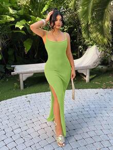 SHEIN SXY Đầm hai dây xẻ cao màu trơn, kiểu dáng thường ngày cho kỳ nghỉ hè. - màu xanh lá - Xem 5