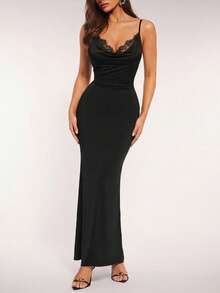Radiana Váy đuôi cá cổ khoét sâu, viền ren đen thanh lịch và gợi cảm dành cho nữ, dáng ôm sát, vải co giãn bóng, thích hợp cho ngày lễ tình nhân, đi chơi đêm, hẹn hò, tiệc cocktail, câu lạc bộ, dạ tiệc, khách dự tiệc cưới, phù dâu - màu đen - Xem 5
