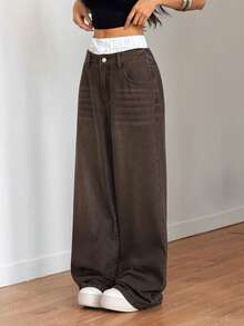 SHEIN Tall 夏季女式牛仔裤低腰宽松直筒裤双腰直筒裤拼接直筒裤 - 棕色 - 查看 3