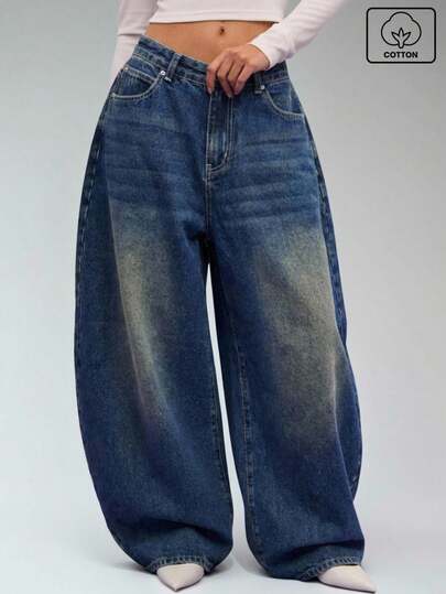 COUREZ 低腰宽松牛仔裤，浅蓝色水洗，街头休闲，Y2K风格，休闲音乐节风格，棉质牛仔布，复古棉质