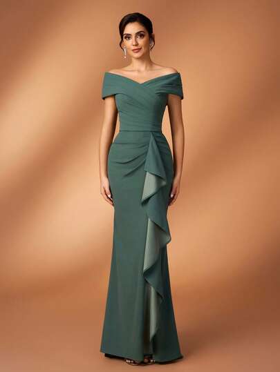 Serin Elegant Luxurious Pearl & Sequin Embellished Off-Shoulder Ruched Mermaid Hem Stretch Knit Dress, Suitable For Weddings, Parties, Holidays, Bridal, Mother Of The Bride, Evening Gowns