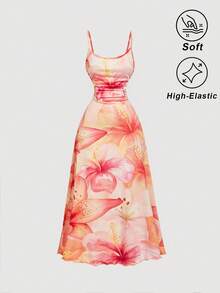 SHEIN MOD 腰部褶皱印花飘逸连衣裙 - 彩色 - 查看 4