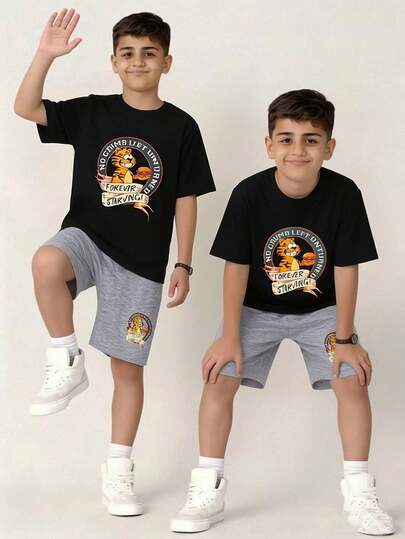 SHEIN 2pcs/Set Teen Boys Cartoon Print Black Crew Neck T-Shirt And Gray Shorts Set, Casual, Comfortable, Versatile, Suitable For Daily Wear, School, Outings, Outdoor Activities, Music Festivals, Spring/Summer