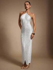 Hauture Đầm dự tiệc gợi cảm dành cho nữ với tua rua treo và trang trí kim loại vàng. - trắng - Xem 4