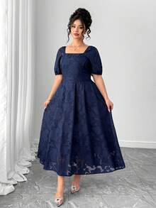 Elenzga Plus Size Women Elegant Square Neck Puff Sleeve Jacquard Cutwork Midi Dress - Navy Blue - View 6