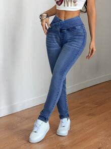 SHEIN PETITE Spring To Summer Women's Elastic Waist High-Stretch Comfortable Pre-Washed Denim Fabric Women's Gym Casual For Women Skinny Casual Jeans - Light Wash - View 4
