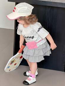 DAZY Pantalones casuales de unicolor con dobladillo con volantes para niñas pequeñas, estilo coreano de verano para niños pequeños - Gris - Ver 3