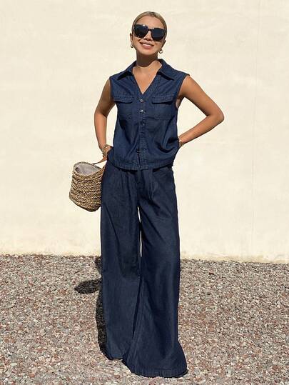 Livesso Spring & Summer Vintage Washed Blue Sleeveless Big Pocket Denim Vest Cardigan Top & Loose Casual Straight Leg Jeans Pants Set, Suitable For Commuting, Casual, Vacation, Wedding