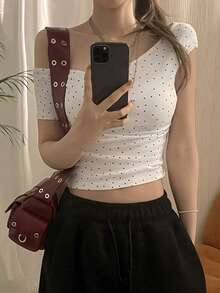 DAZY Women's Tight-Fitting Oblique Shoulder Star Print Full-Print T-Shirt - White - View 3