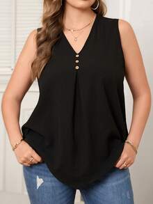 Rosumi Black Plus Size Sleeveless V-Neck Blouse With Button Detail And Asymmetrical Hem,Teacher Shirts - Black - View 3