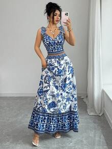 Elenzga New Shirred Woven Printed Shoulder Tie Back Fitted Top With A-Line Skirt, Young & Elegant Matching Set With Placement Print, Vacation Style For Women - Multicolor - View 7