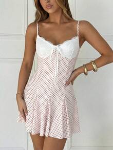 SHEIN EZwear 夏季白色波点休闲度假吊带迷你连衣裙 - 白色 - 查看 4