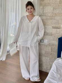 Dazy Plus 两件套优雅撞色蕾丝宽松彼得潘领纹理面料睡衣套装 - 白色 - 查看 3