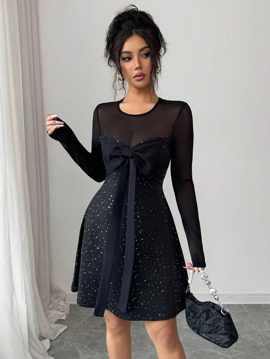 Rafferiza Black Mesh Patchwork Sequin Dress / Bow Tie Front Design / Sexy & Sweet Style / Long Sleeve / Fitted Slim Silhouette Short Dress - Black - View 1