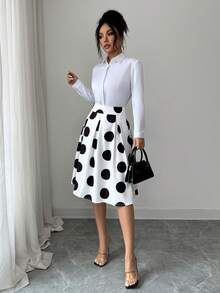 Elenzga 时尚波点女式半身裙，休闲百搭，适合聚会和通勤。 - 黑與白 - 查看 4