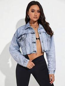Breezaya Jaket Denim Kasual Wanita dengan Kancing Depan dan Saku Lipat, Musim Panas - Light Wash - View 4
