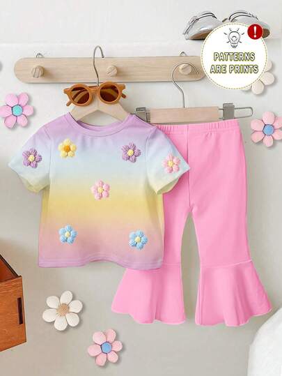1 Set Baby Girls' Casual Fashion Cute Colorful Floral Gradient Print Round Neck Short Sleeve T-Shirt And Flare Pants Outfit