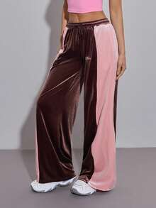 SHEIN ICON بنطلون نسائي كاجوال فضفاض بخصر رباط متباين الألوان - بني - مشاهدة 7