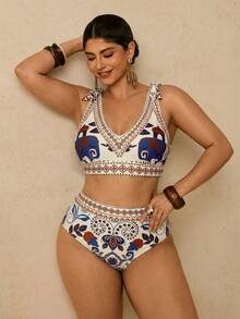 Travachic Bộ bikini buộc cổ in họa tiết nhiệt đới cỡ lớn, đồ bơi phong cách Bohemian cho kỳ nghỉ biển. - Màu be - Xem 5