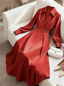 GlowEve CURVE Đầm chữ A dáng suông, cổ bẻ, tay phồng, cài cúc, xếp ly, eo, dành cho nữ, cỡ lớn, màu trơn, kiểu dáng thường ngày. - Gỗ đỏ - Xem 1