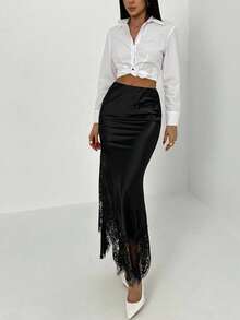 Aloruh 女士优雅黑色蕾丝拼接裙 - 黑色 - 查看 7