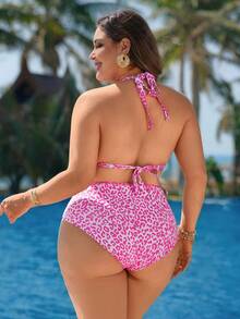 Slaydiva Plus Size Women 4pcs Swimwear Set, Asymmetrical Leopard Floral Patchwork Mesh Tankini Bikini - Multicolor - View 2