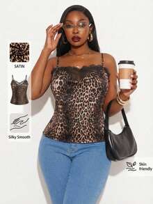 SHEIN SXY Women's Plus Size Leopard Print Satin Fabric Patchwork Lace Cami Top,Brown Summer Classy Country Night Out Club, Elegant Vintage Party - Multicolor - View 8