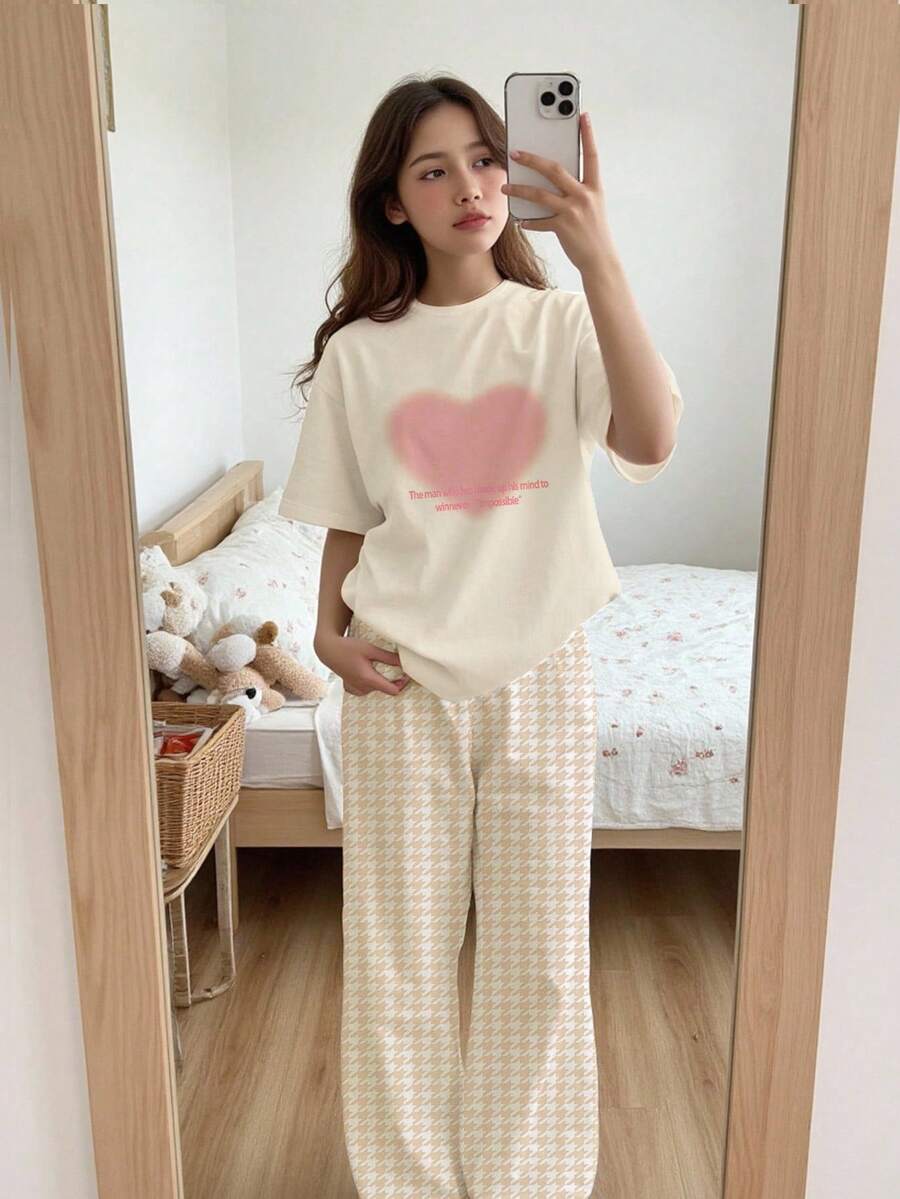 少女休闲宽松简约圆领短袖长裤睡衣套装,适合春夏穿着 - 彩色 - 查看 1