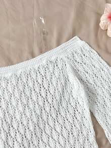 SHEIN 少女白色镂空露肩修身沙滩罩衫，百搭度假必备单品 - 白色 - 查看 4