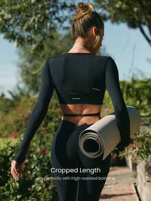 GLOWMODE 情人节360°高弹柔软面料，轻盈透气，抗皱系带露脐长袖上衣，日常休闲穿着 - 黑色 - 查看 3