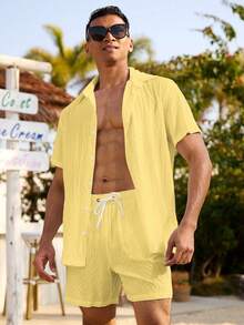 Palasendo Men's Solid Color Button Front Short Sleeve Top And Drawstring Waist Shorts Beach Outfit - Yellow - View 3