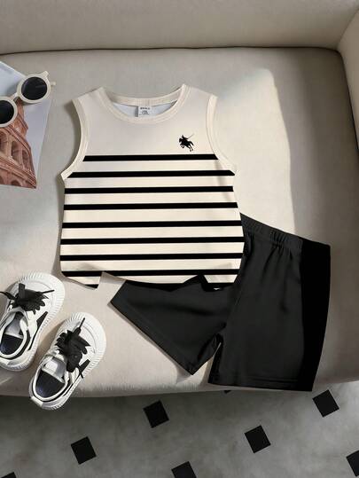 1 Set Ropa de Verano para Niños Pequeños con Polo a Rayas Estilo Casual y Elegante, Camiseta de Cuello Redondo con Estampado de Logotipo de Caballero y Pantalones Cortos a Juego