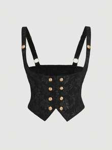 SHEIN MOD Plus Size Women Black Jacquard Vintage Sleeveless Shirt.Chic Plus Size Black Floral Jacquard Camisole Vest With Gold Button Detail.Spring/Summer Outfits, Valentine's Day Outfits - Black - View 5