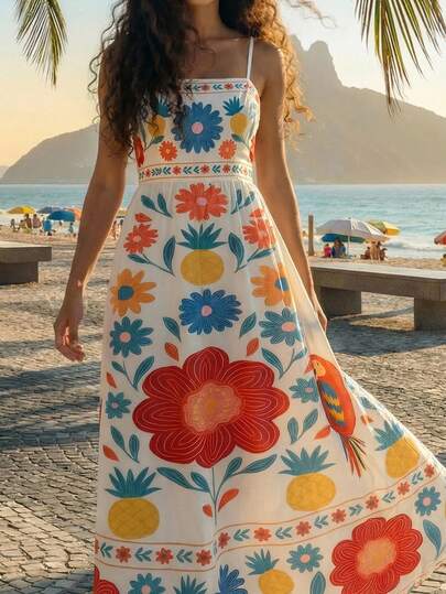 CAJUNI Chic Spaghetti Strap Long Flowy Dress With Colorful Floral And Pineapple Print For Summer Dress