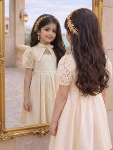 Vestido de novia tejido con cuello alto, cintura hueca y dobladillo acampanado con parches de malla bordada con flores para niña, vestido de dama de honor de unicolor satinado, vestido formal de color albaricoque, vestido de niña de las flores para la temporada de bodas - Albaricoque - Ver 3