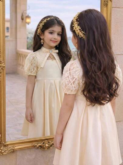 Young Girl Elegant Floral Embroidered Mesh Patchwork Stand Collar Hollow Waist A-Line Flare Hem Woven Wedding Dress, Satin Solid Color Bridesmaid Dress, Apricot Color Formal Dress, Wedding Season Flower Girl Dress