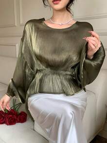 DAZY Spring & Summer Green Chiffon Blouse, Asymmetric Hem Design, Casual, Elegant, Suitable For Dates, Weddings, Vacations, Commuting, Ruffle Waist Long Sleeve Women Shirt - Dark Green - View 9