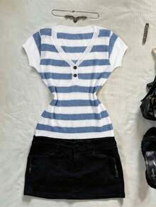 INAWLY Striped Waist Cinching V-Neck Casual Knit Versatile Slim Fit Top - Blue and White - View 1