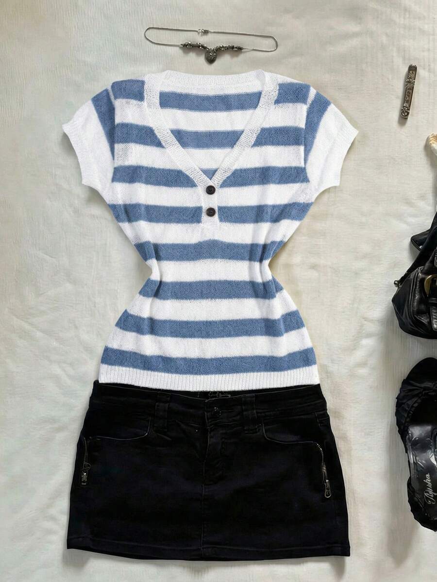 INAWLY Striped Waist Cinching V-Neck Casual Knit Versatile Slim Fit Top - Blue and White - View 1