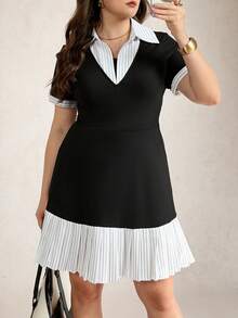 Zelara Plus Size Black And White Summer Elegant Office Back-To-School 2 In 1 Pleated Splice Pullover Collared Dress,Valentine's Day Cocktail Mod Beach Outfit - Black and White - View 6