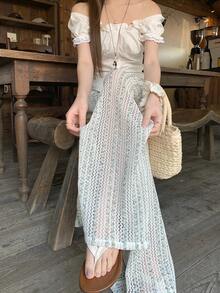 DAZY Women's Tie-Dye Hollow Out Wide Leg Pants, Korean Style Versatile Summer Trousers - Baby Blue - View 4