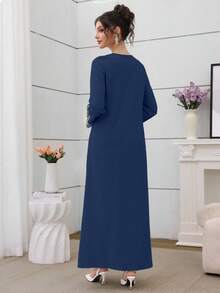 Al Najma 女士宽松刺绣串珠长袍，适合开斋节穿着 - 藏蓝色 - 查看 2