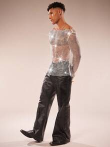 FeverCity Men's Boat Neck Long Sleeve Shiny Mesh T-Shirt - Silver - View 5