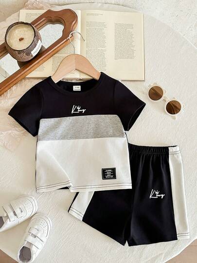 LMoss Kids Conjunto de camiseta casual de manga corta y cuello redondo de color contrastante para niños pequeños, verano