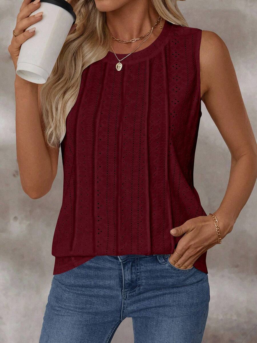 EMERY ROSE 女士圆领无袖纹理休闲背心，春夏时尚 - 紅色 - 查看 1