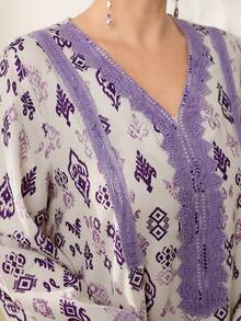 Al Najma Middle Eastern Arabic Style Printed Long Sleeve Loose Robe, Vacation Vibe Turkish Kaftan - Purple - View 7