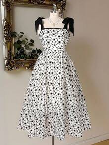 Rometta Plus Size Women's Elegant Chiffon Floral Print Square Neck Sleeveless A-Line Dress,White,Summer,Bachelorette Party,Tea Party,Wedding,Graduation,Dances - Black and White - View 7