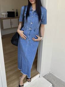 DAZY Women's Casual Washed Denim Shirt Dress With Faux Pockets And Slit, Summer - Medium Wash - View 7