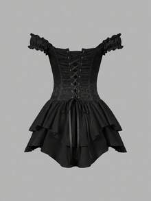 SHEIN PETITE 女士白色褶皱提花腰部拼接荷叶边露肩层叠荷叶边A字雪纺迷你连衣裙，优雅适合派对和年轻女孩穿着，白色束身连衣裙，白色迷你连衣裙，白色派对服装，束身连衣裙 - 黑色 - 查看 10