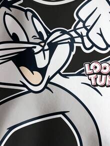 LOONEY TUNES X SHEIN Áo nỉ giữ ấm họa tiết thỏ và chữ in họa tiết sọc tương phản cho bé trai, mùa thu/đông - trắng - Xem 6